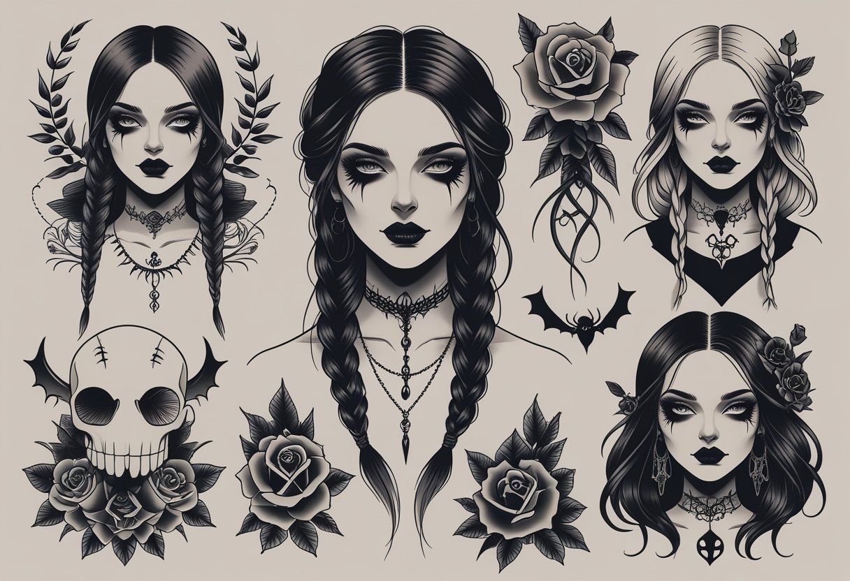Tatuagem Wandinha: Ideias e Significados do Personagem Cult Ilustração mostrando diferentes estilos de tatuagem inspirados na personagem Wandinha, com elementos góticos e detalhes variados.