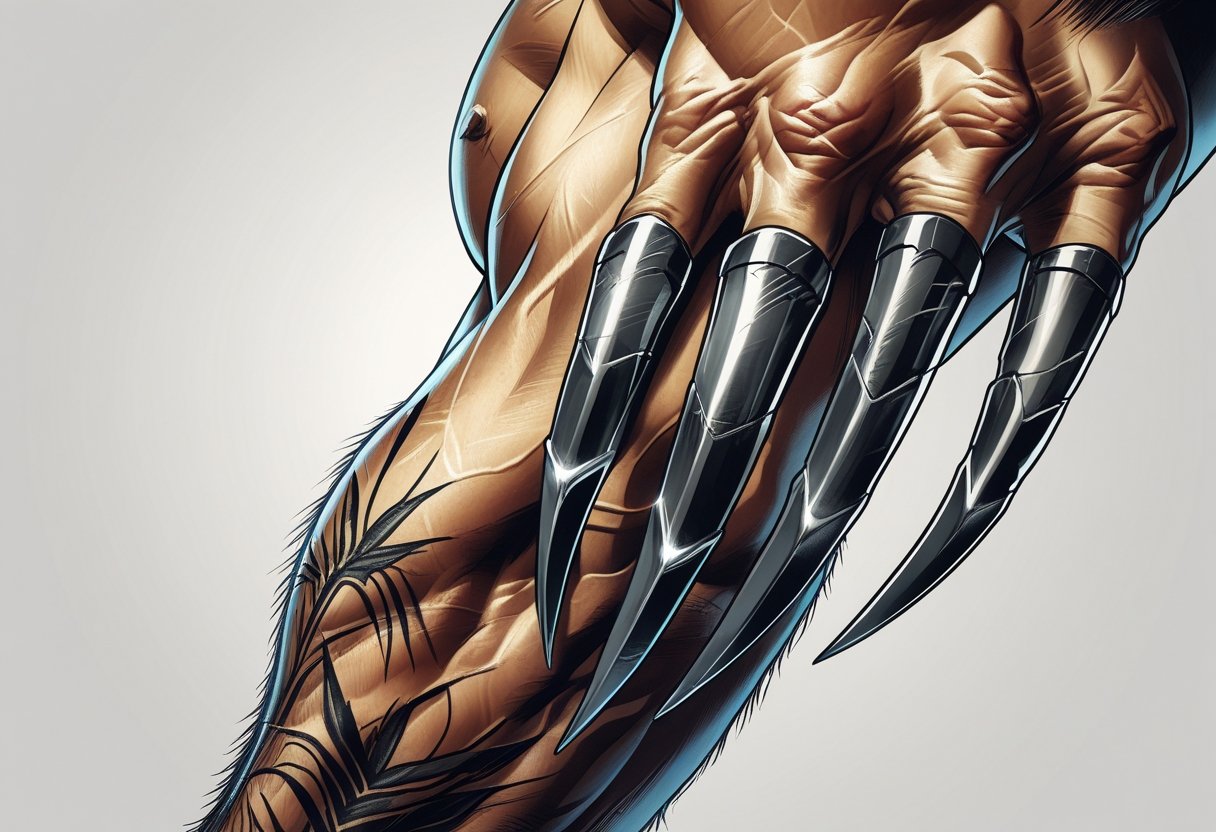 Tatuagem Wolverine: Guia Completo de Estilos e Significados Para Fãs dos X-Men Braço musculoso com uma tatuagem detalhada inspirada no Wolverine, mostrando garras afiadas saindo do antebraço.