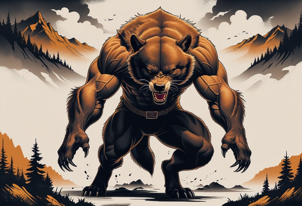 Tatuagem Wolverine: Guia Completo de Estilos e Significados Para Fãs dos X-Men Ilustração de um tatuagem de wolverine mostrando o animal feroz com garras estendidas em um cenário de montanhas e florestas.