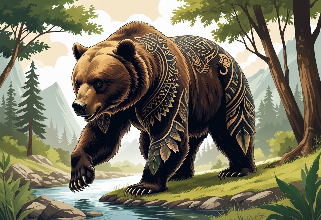 Urso Tatuagem: Significados, Estilos e Inspirações Para Sua Tattoo Um urso imponente em uma floresta com elementos que simbolizam força, coragem e proteção, com padrões de tatuagem integrados em sua pelagem.