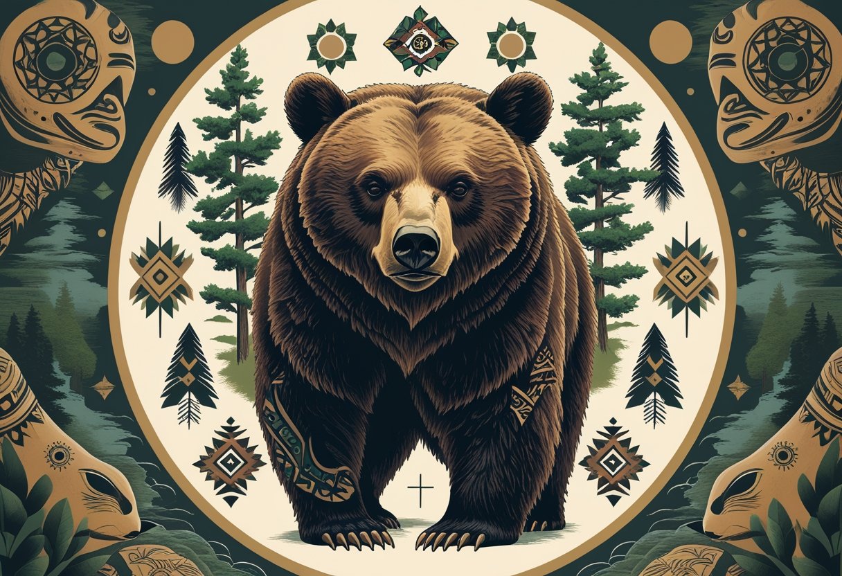 Urso Tatuagem: Significados, Estilos e Inspirações Para Sua Tattoo Ilustração de um urso cercado por padrões tribais e símbolos culturais relacionados a tatuagens, com elementos da natureza ao fundo.
