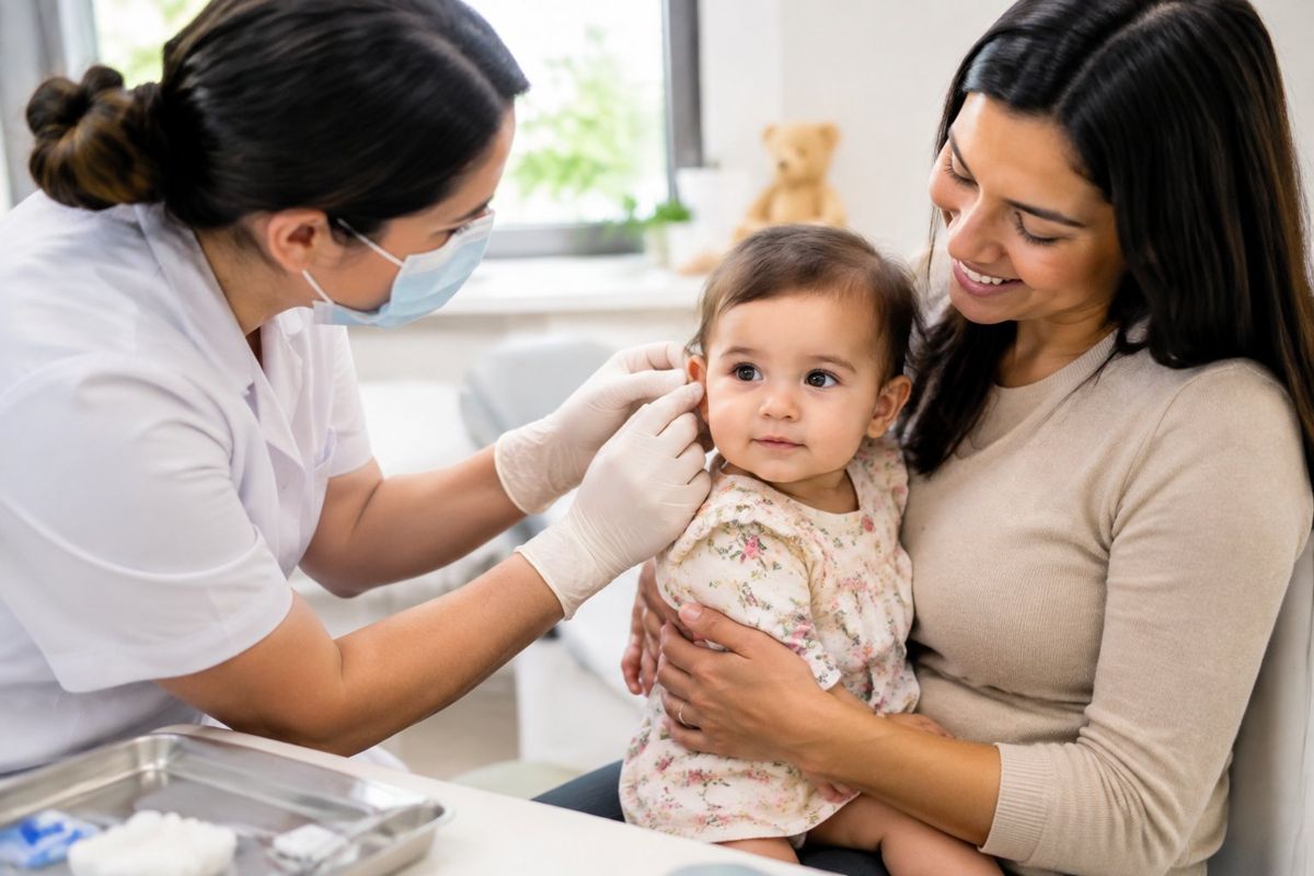 Furar Orelha de Bebê: Idade Ideal, Cuidados e Riscos Furar orelha de bebê: uma profissional de saúde examina a orelha de um bebê no colo de um dos pais.