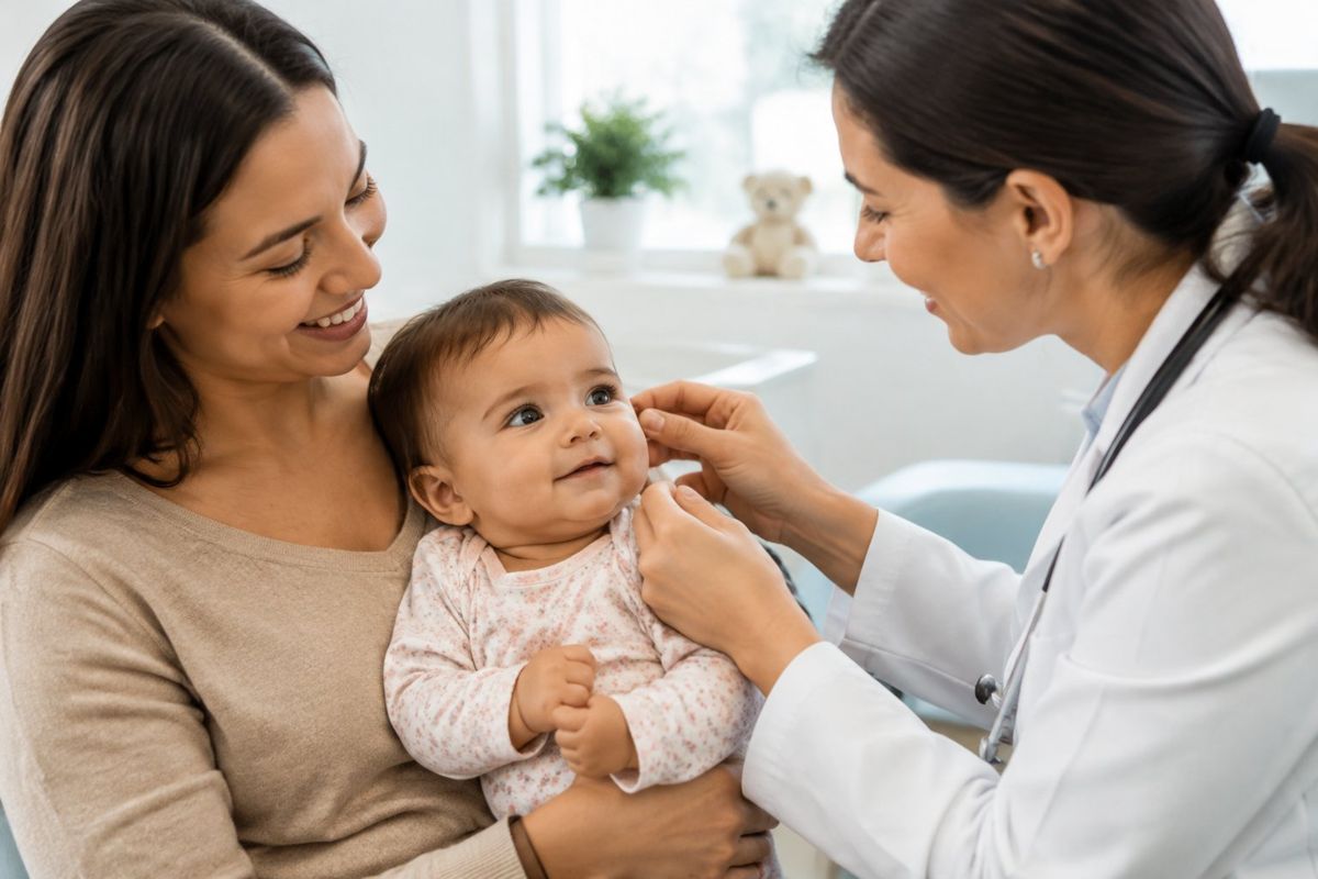 Furar Orelha de Bebê: Idade Ideal, Cuidados e Riscos Profissional de saúde examina delicadamente a orelha de um bebê no colo de um dos pais.