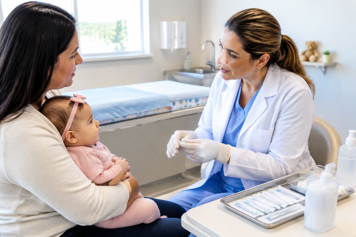 Furar Orelha de Bebê: Idade Ideal, Cuidados e Riscos Uma profissional de saúde conversa com uma mãe que segura o bebê em um consultório limpo.