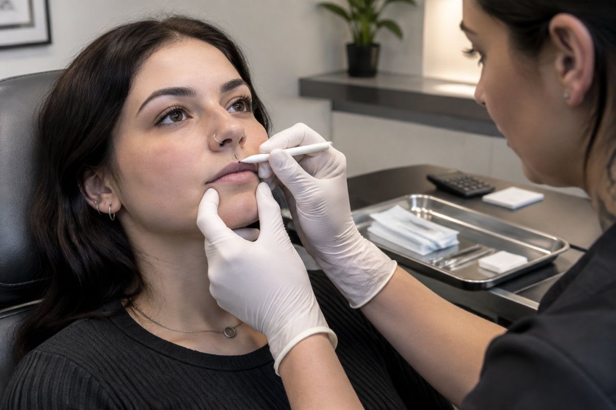Uma pessoa consulta um piercer, que examina a região acima do lábio em um estúdio.