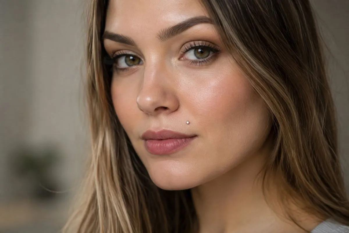 Piercing Monroe: Guia Completo Sobre Cuidados, Dor e Cicatrização Piercing monroe: mulher adulta com um piercing discreto acima do lado esquerdo do lábio superior.