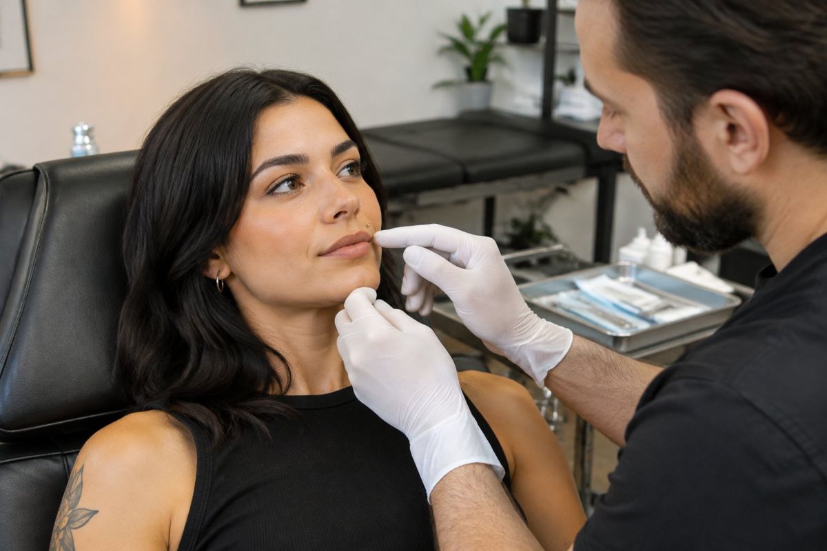Piercing Monroe: Guia Completo Sobre Cuidados, Dor e Cicatrização Profissional examina a região do lábio de uma pessoa em um estúdio de piercing.