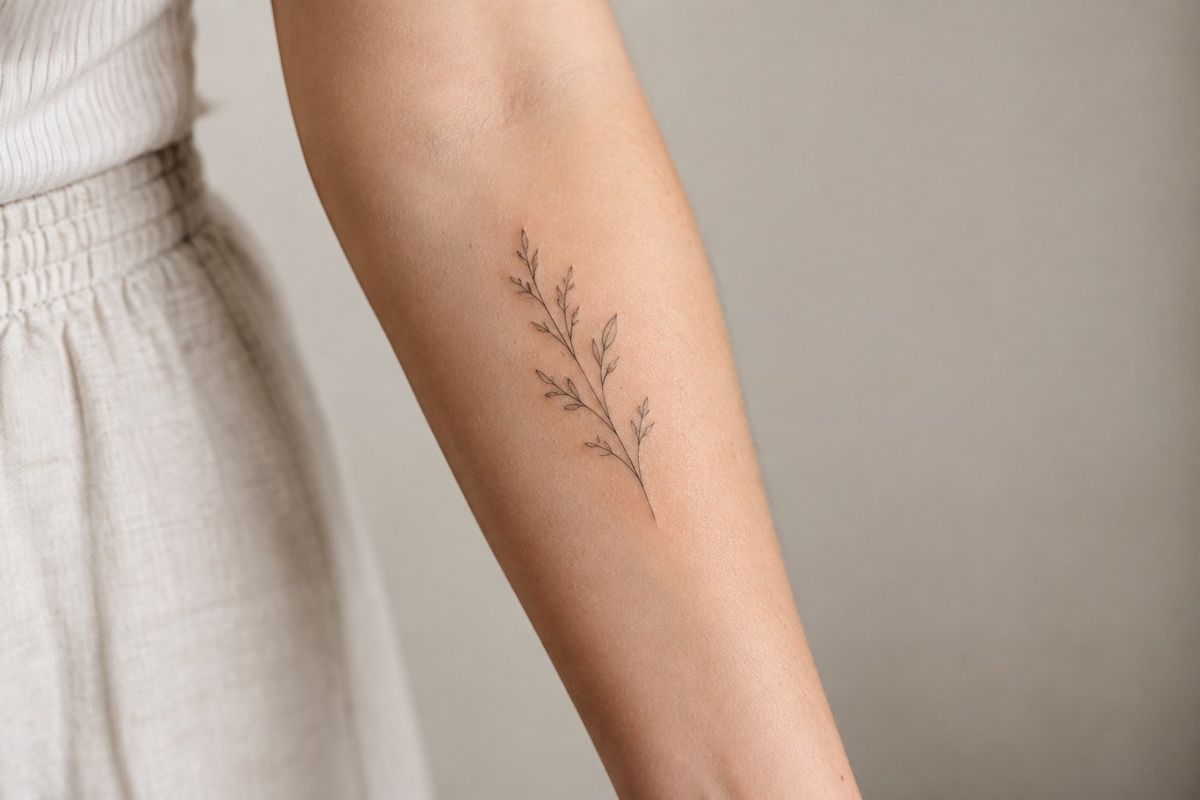Tatuagem Fine Line Feminina: Guia Completo de Estilos e Inspirações Tatuagem fine line feminina: uma mulher mostra uma pequena tatuagem de folhas no antebraço.