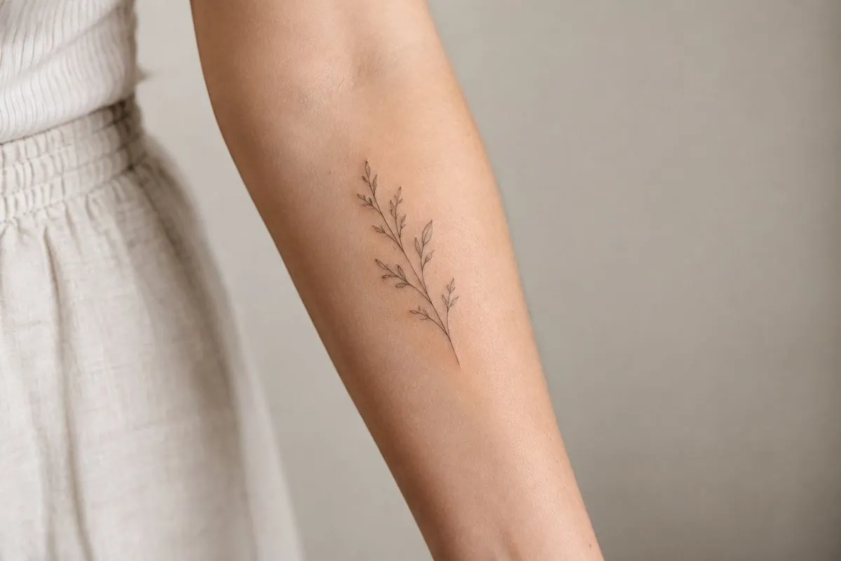 Tatuagem Fine Line Feminina: Guia Completo de Estilos e Inspirações Tatuagem fine line feminina: uma mulher mostra uma pequena tatuagem de folhas no antebraço.