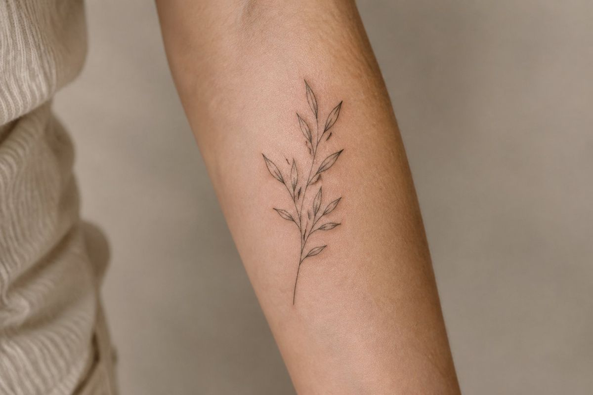 Tatuagem Fine Line Feminina: Guia Completo de Estilos e Inspirações Antebraço de uma mulher com um pequeno ramo tatuado.