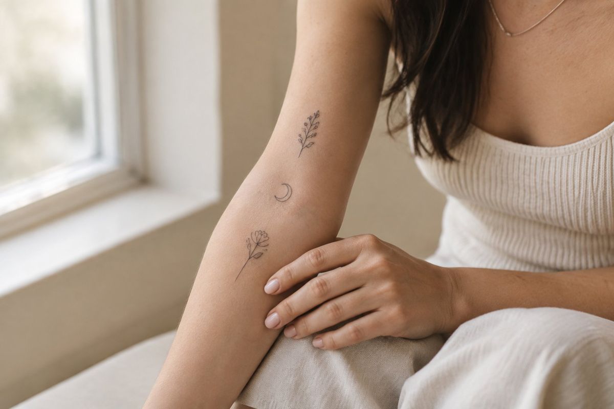 Tatuagem Fine Line Feminina: Guia Completo de Estilos e Inspirações Mulher sentada mostra pequenas tatuagens no antebraço.
