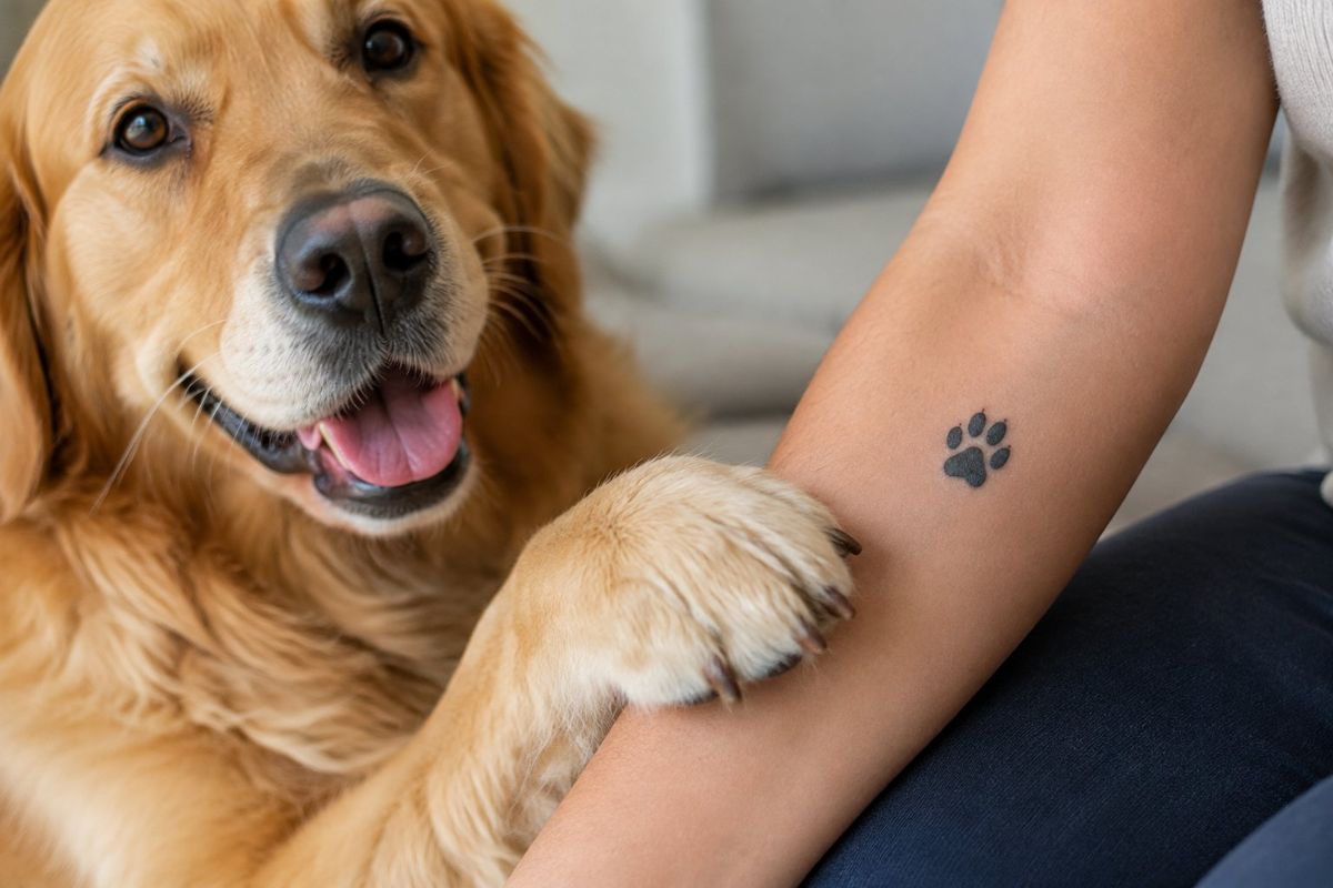 Tatuagem Patinha Cachorro: Significados, Ideias e Homenagens Tatuagem patinha cachorro: uma pessoa mostra uma tatuagem de patinha no braço ao lado de um cachorro.
