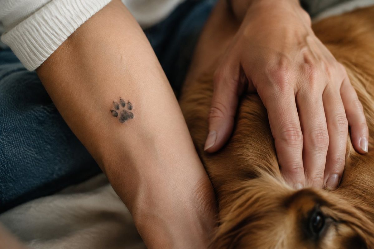 Tatuagem Patinha Cachorro: Significados, Ideias e Homenagens Uma pessoa mostra uma tatuagem de patinha enquanto acaricia um cachorro.