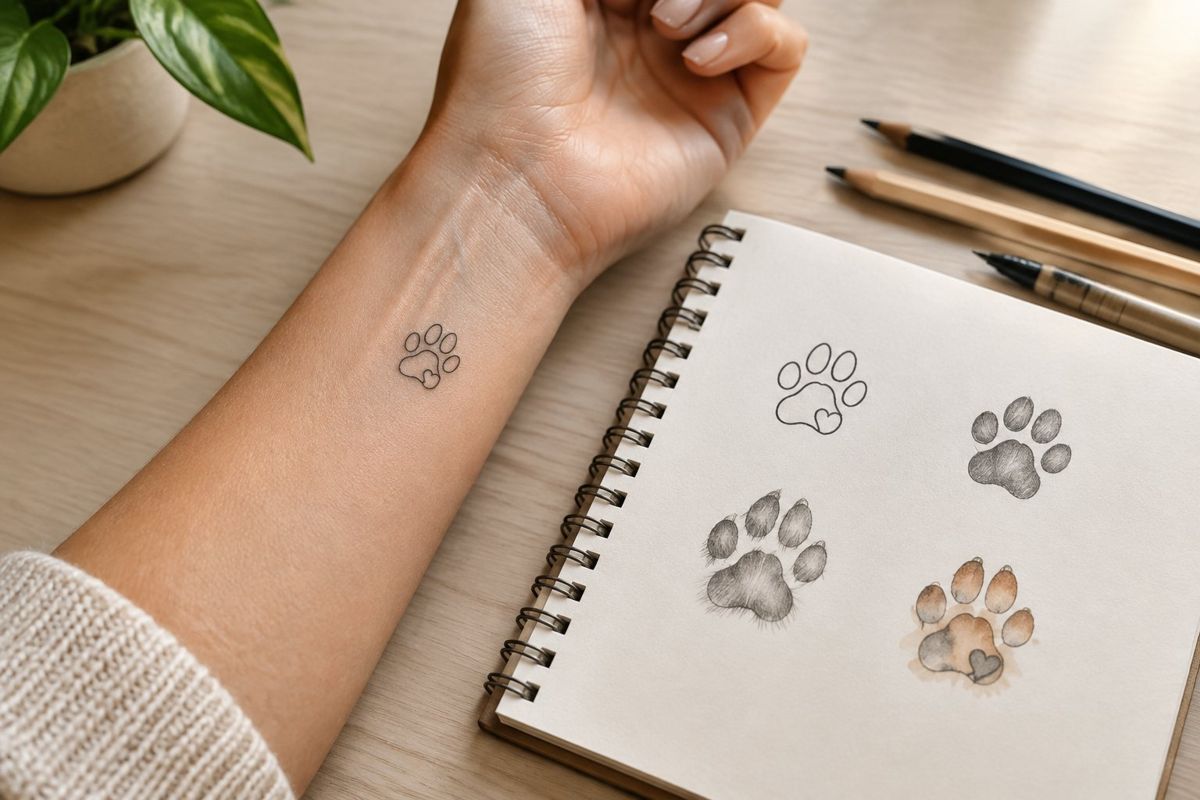 Tatuagem Patinha Cachorro: Significados, Ideias e Homenagens Antebraço com uma tatuagem de patinha de cachorro ao lado de um caderno com desenhos de patas.